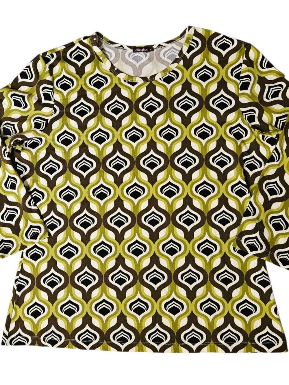 J McLaughlin Womens XL 3/4 Sleeve Top Olive Brown Retro Geometric Catalina Cloth